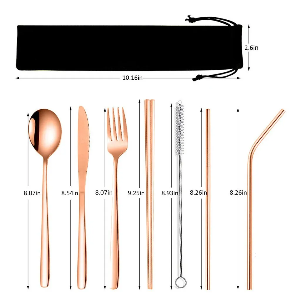 Set Cubiertos Portátiles Acero Inoxidable 7pz Con Bolsa Rosa