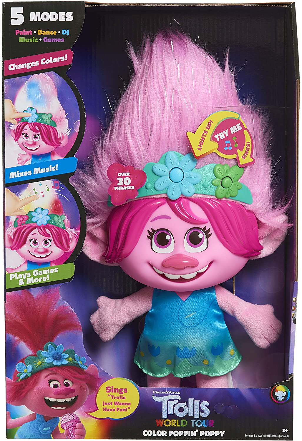 Peluche Trolls World Tour Poppy Interactivo Canciones, Luces, Pelo cambia de color