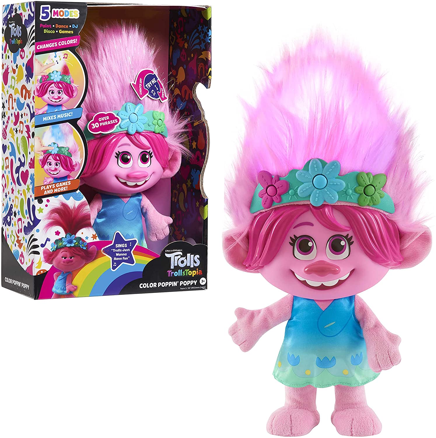 Peluche Trolls World Tour Poppy Interactivo Canciones, Luces, Pelo cambia de color