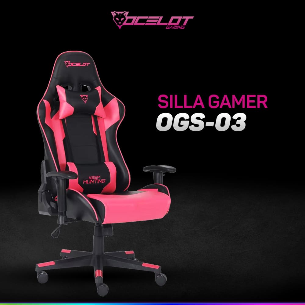 Silla Ocelot Gaming OGS-01, Negro con Rosa, de Vinipiel, Reclinable, Reposabrazos 2D, hasta 150 Kg.