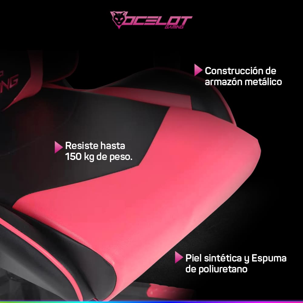 Silla Ocelot Gaming OGS-01, Negro con Rosa, de Vinipiel, Reclinable, Reposabrazos 2D, hasta 150 Kg.