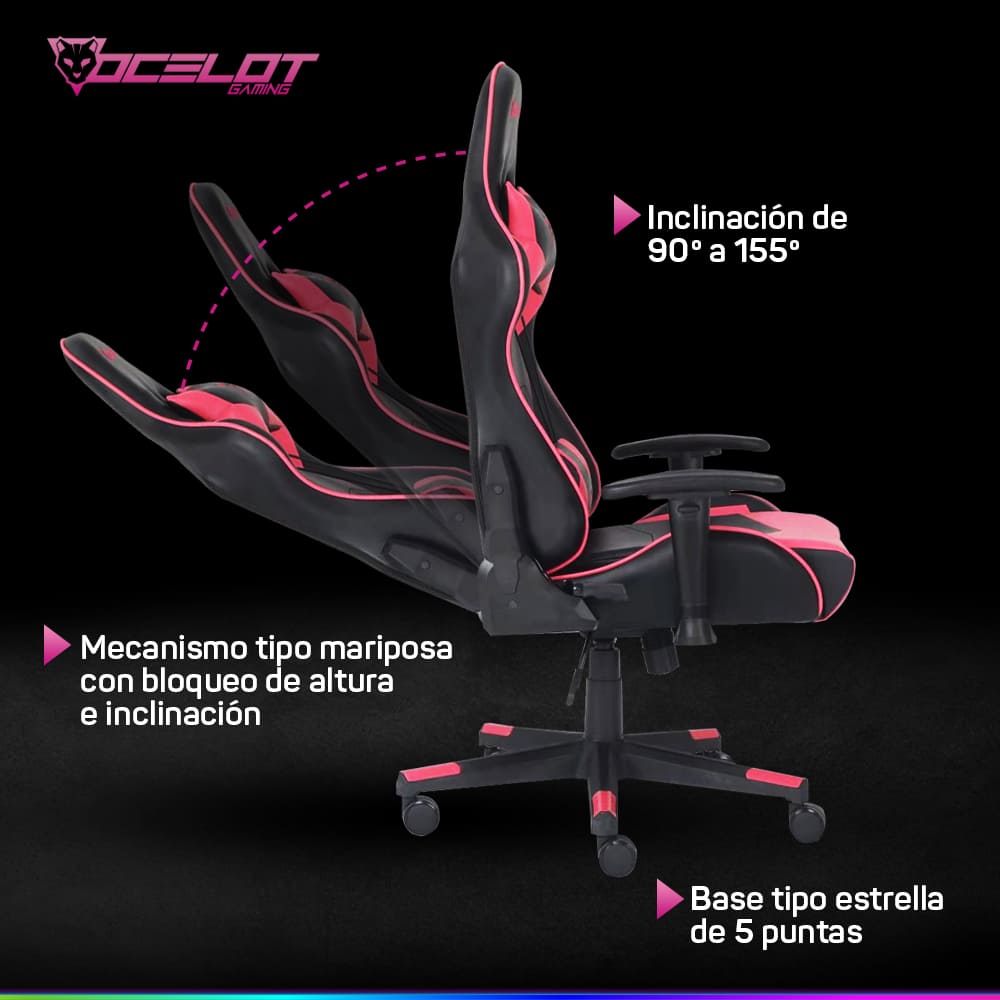 Silla Ocelot Gaming OGS-01, Negro con Rosa, de Vinipiel, Reclinable, Reposabrazos 2D, hasta 150 Kg.