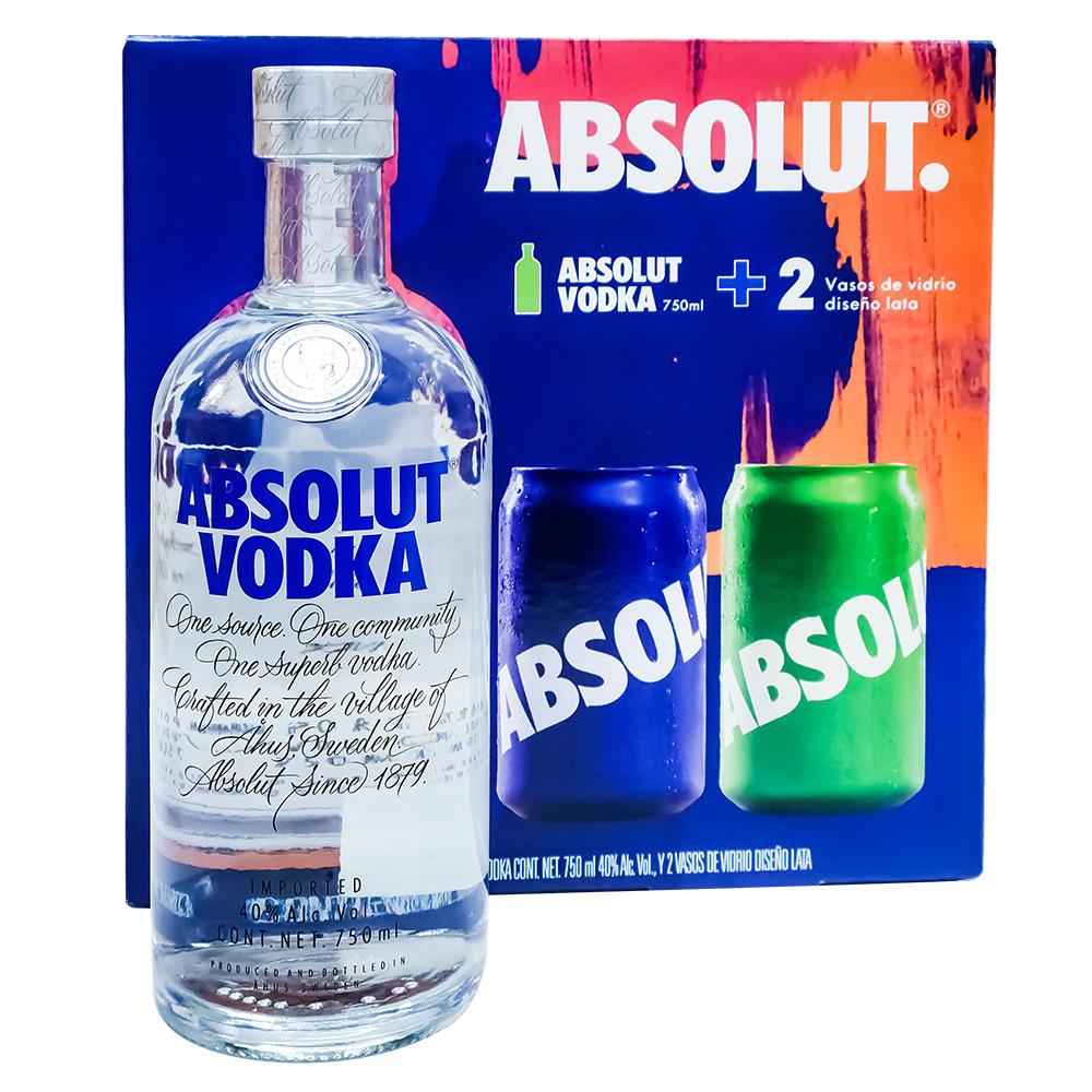 Gift Vodka Absolut 750ml Con Dos Vasos Diseño Lata