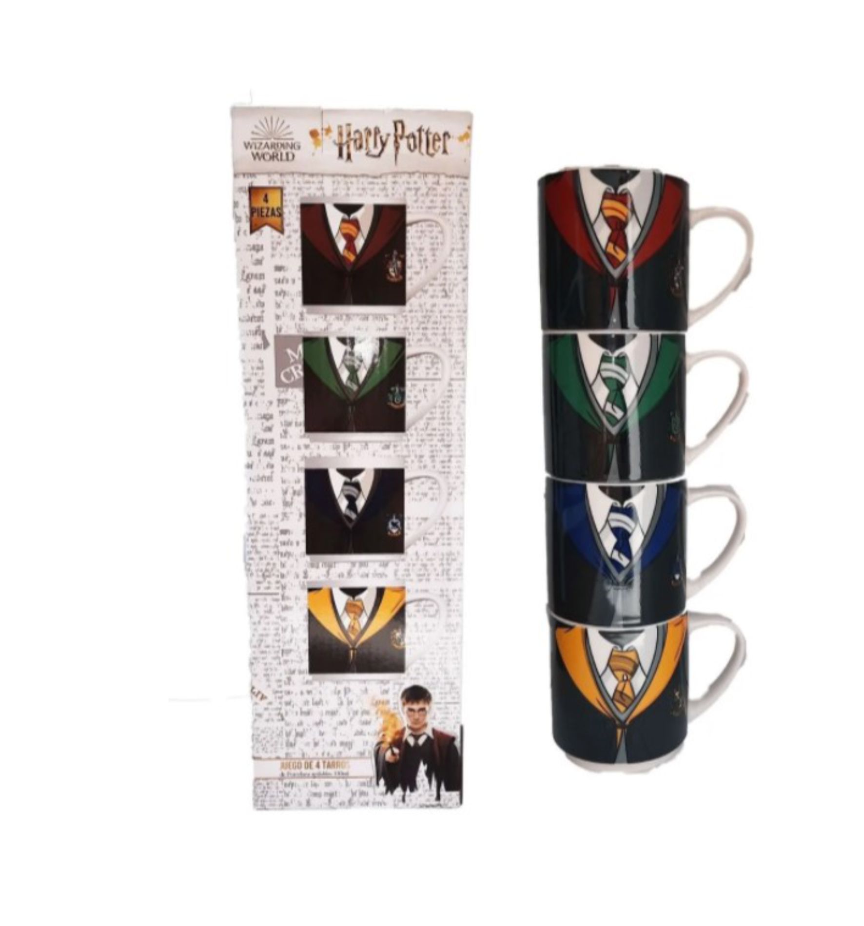 Set Harry Potter 4 Tarros Apilables 4 casas de Hogwarts Uniforme 330 ml Tazas Ceramica Gryffindor, Slytherin, Ravenclaw, Hufflepuff