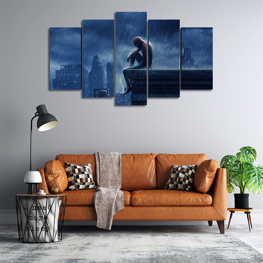 Cuadro Decorativo Spiderman Bajo la Lluvia Marvel 100x60cm 5pzs Cuadros MX
