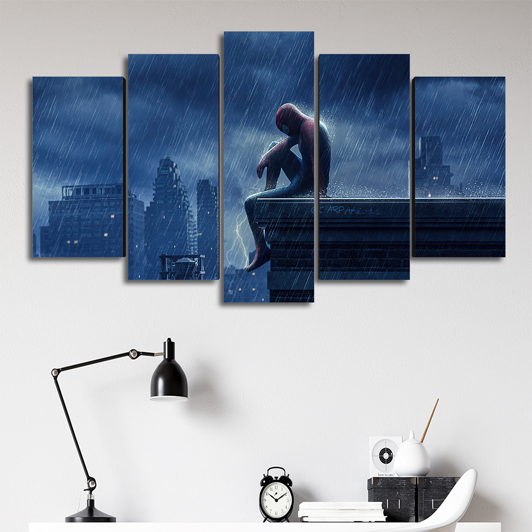 Cuadro Decorativo Spiderman Bajo la Lluvia Marvel 100x60cm 5pzs Cuadros MX
