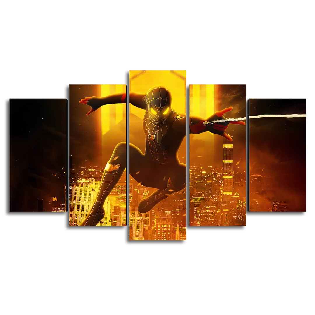 Cuadro Decorativo Spiderman Traje Negro/Dorado Balanceándose Marvel 100x60cm 5pzs Cuadros MX