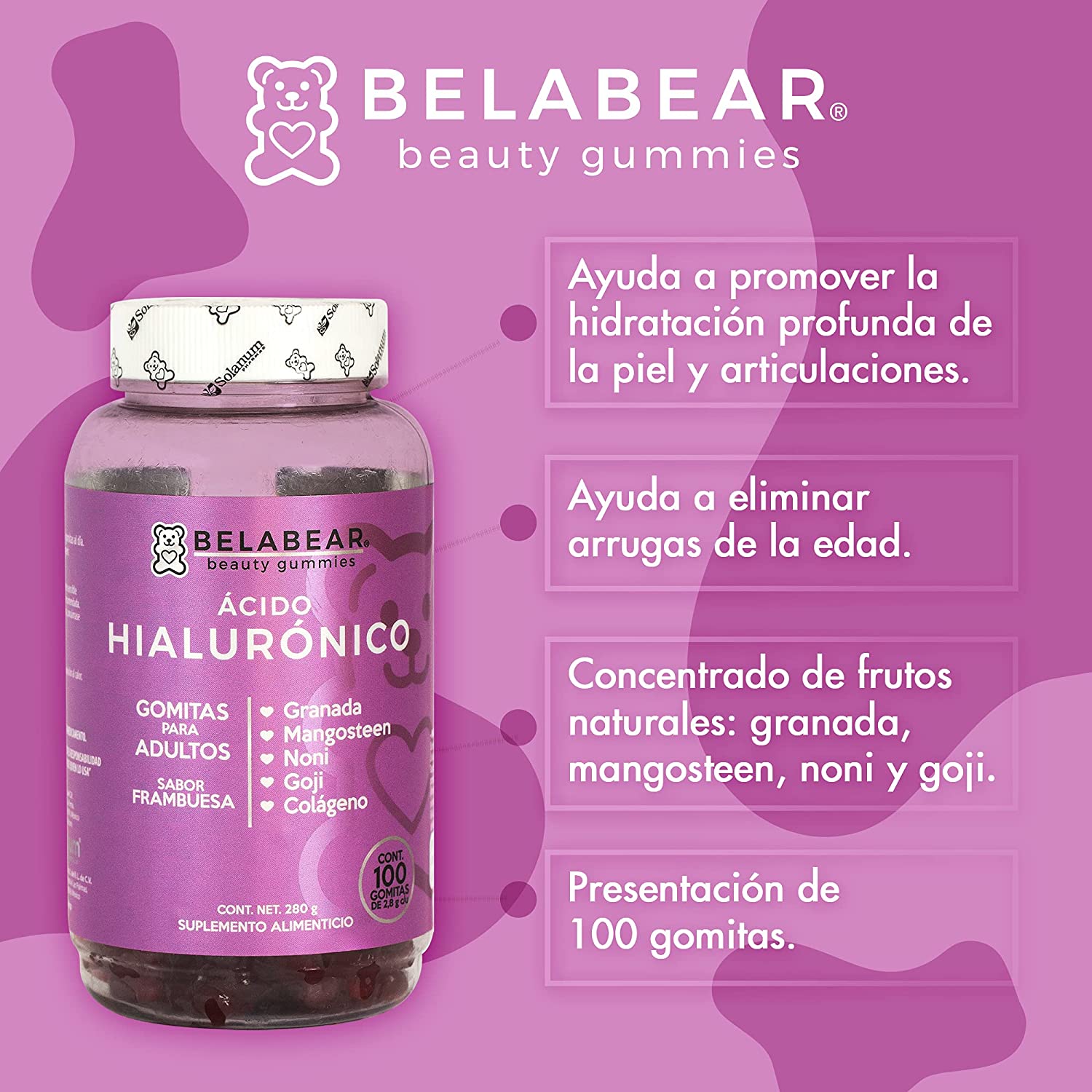 Gomitas Ácido Hialurónico + Colágeno Sabor Frambuesa 100 Gomitas Belabear