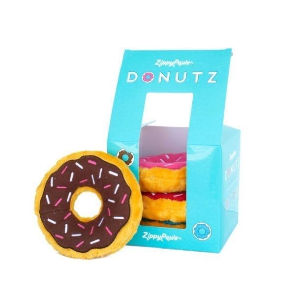PELUCHE PARA PERRO EN FORMA DE DONAS DE CHOCOLATE CON SONIDO. CAJA DE 4 PIEZAS