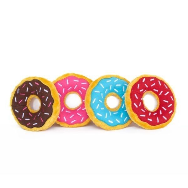 PELUCHE PARA PERRO EN FORMA DE DONAS DE CHOCOLATE CON SONIDO. CAJA DE 4 PIEZAS