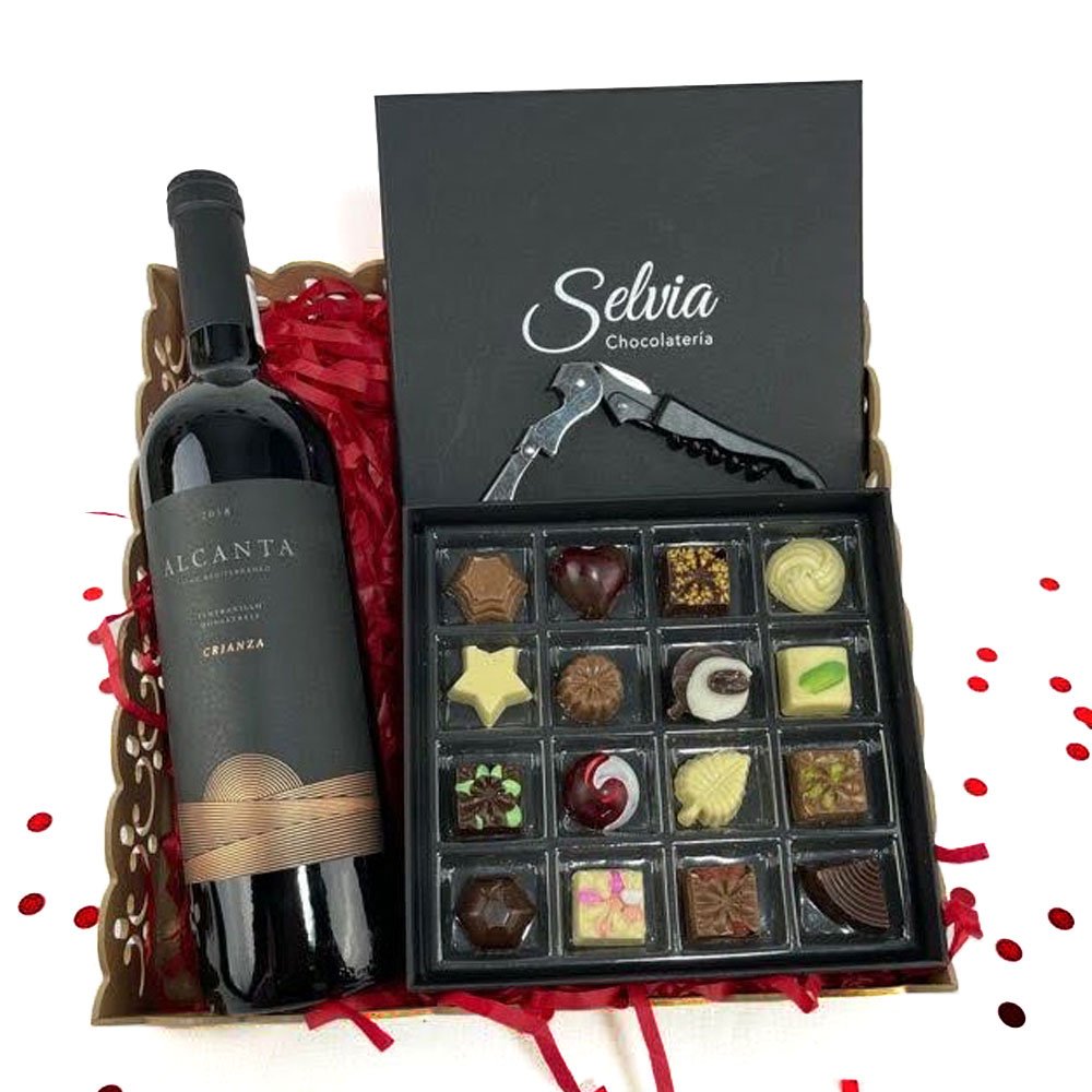 Canasta de regalo con vino tinto Alcanta + chocolates