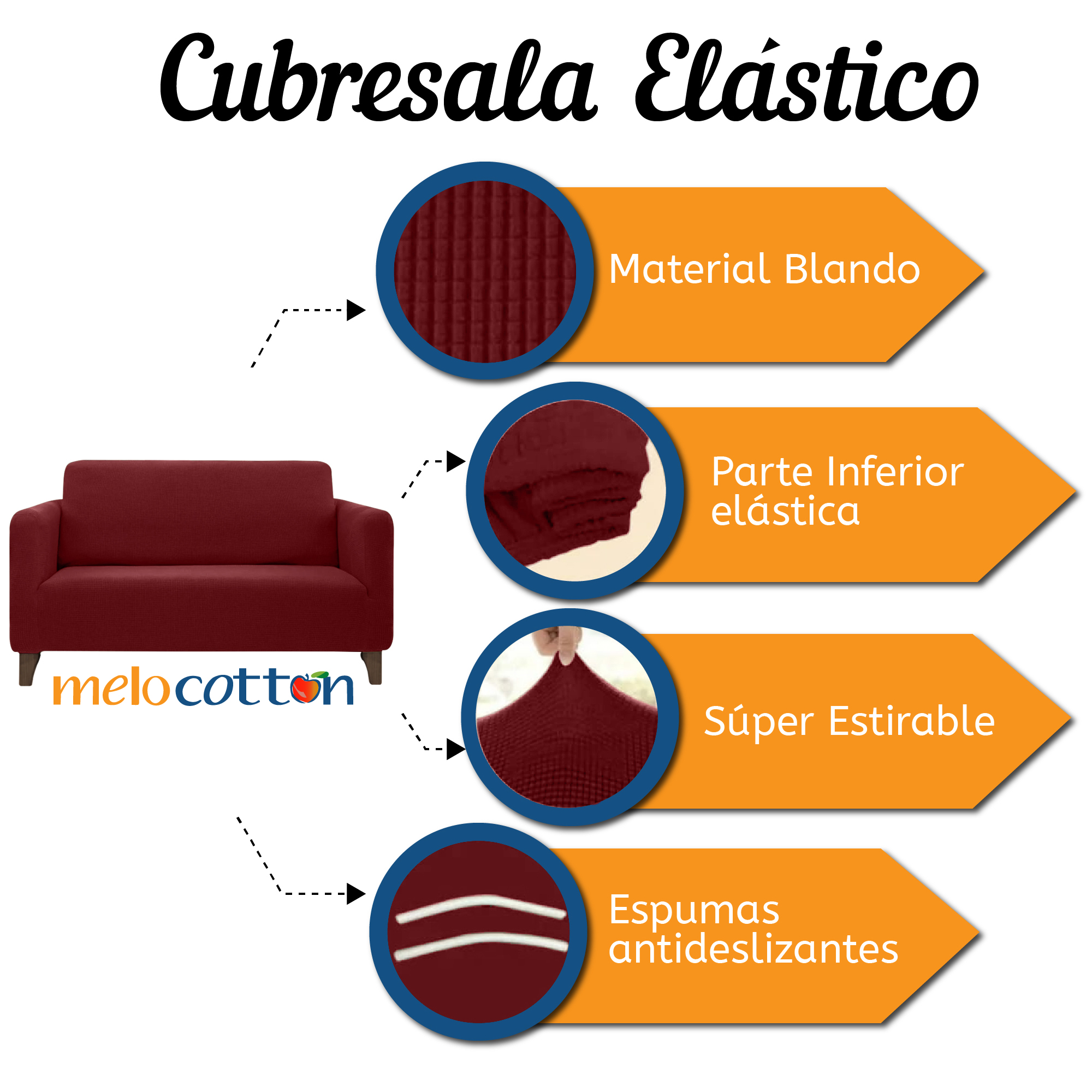 Cubre Sala Ajustable Stretch Fit Elástico 3 Piezas Vino