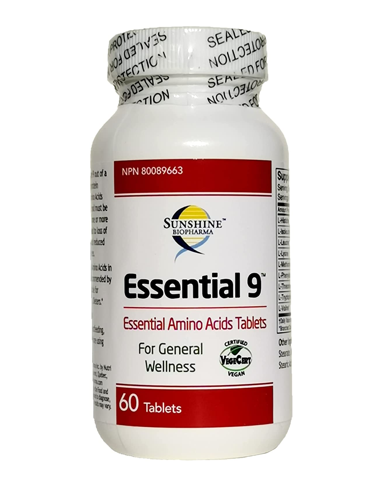 Sunshine Los 9 aminoácidos esenciales 60 tabletas Sin sabor 3 Onzas