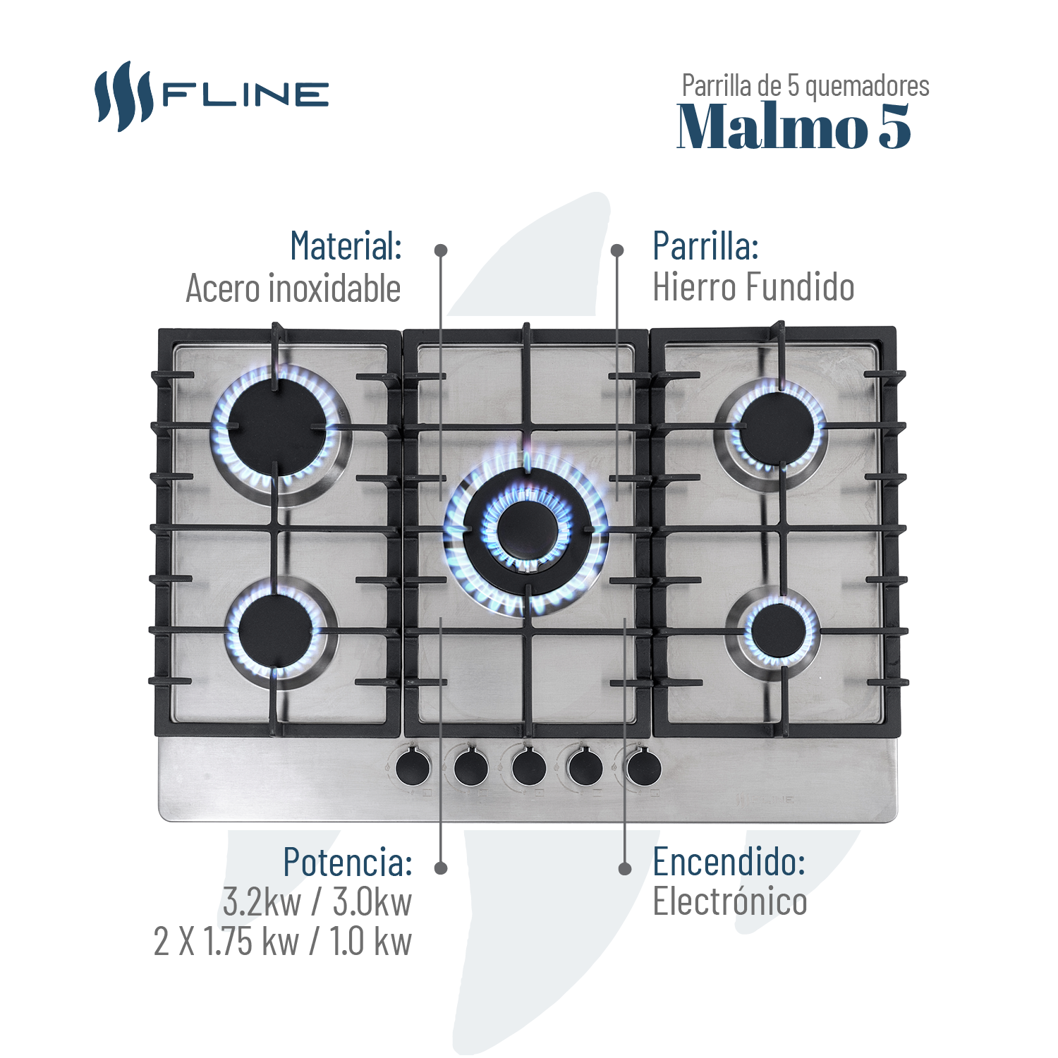 Parrilla de Gas Empotrable 5 Quemadores  Acero Inoxidable | Malmo 5 | FLINE
