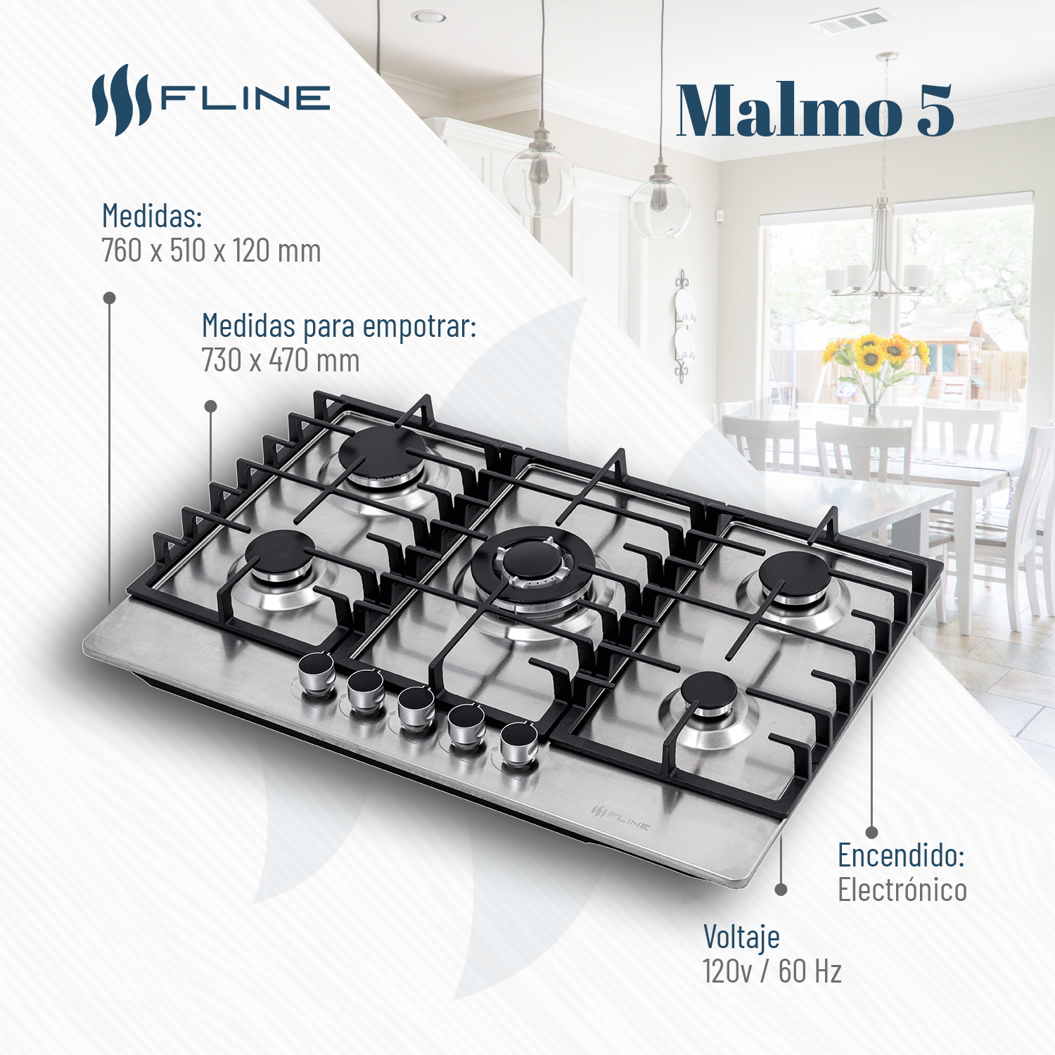Parrilla de Gas Empotrable 5 Quemadores  Acero Inoxidable | Malmo 5 | FLINE