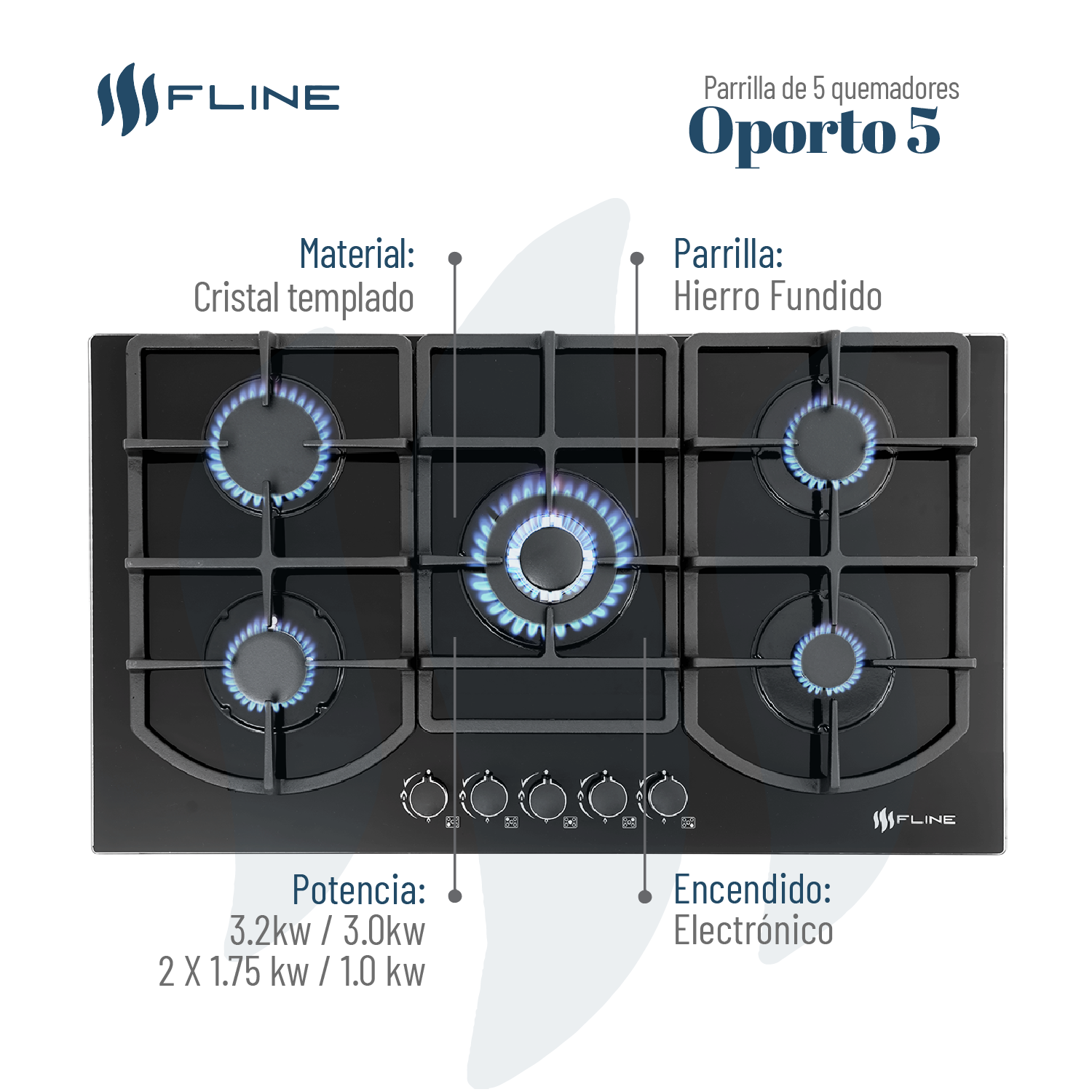 Parrilla De Gas Empotrable 5 Quemadores Vidrio templado | Oporto 5 | FLINE
