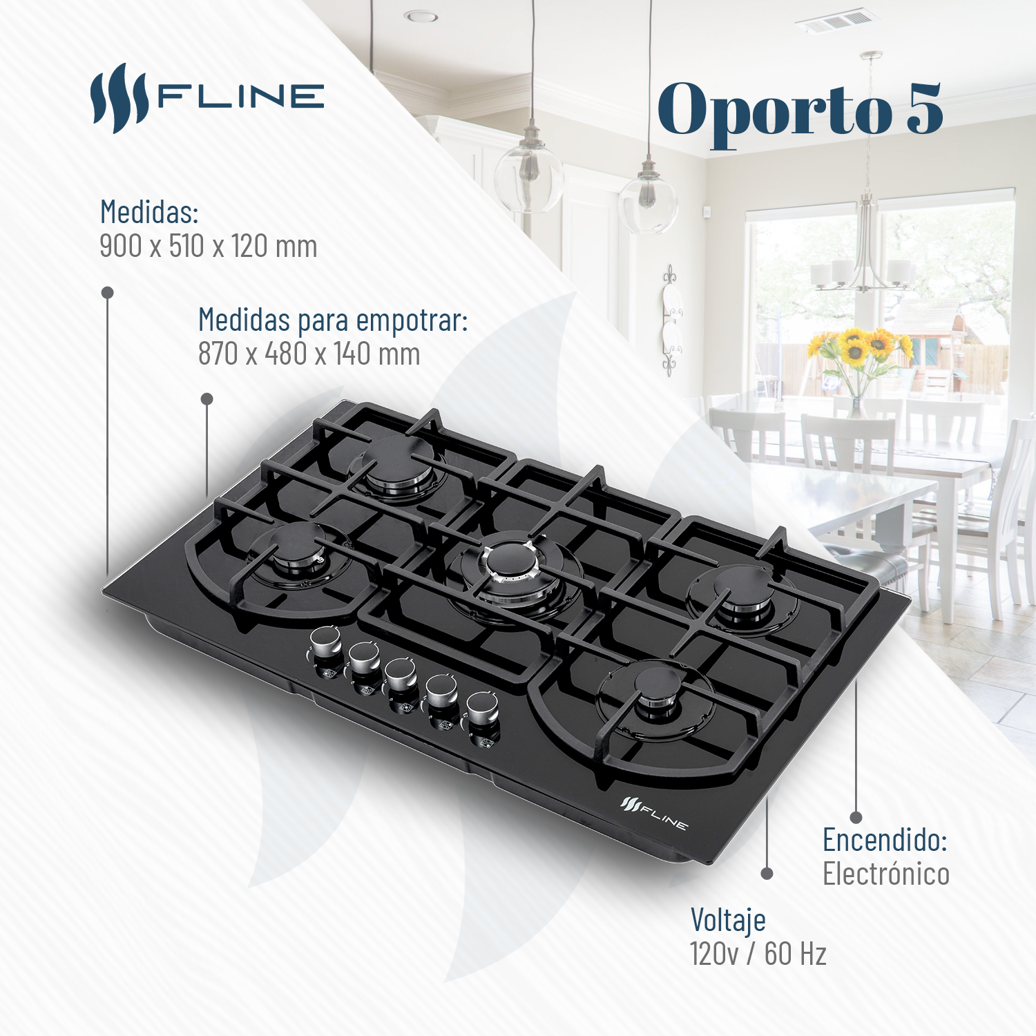 Parrilla De Gas Empotrable 5 Quemadores Vidrio templado | Oporto 5 | FLINE