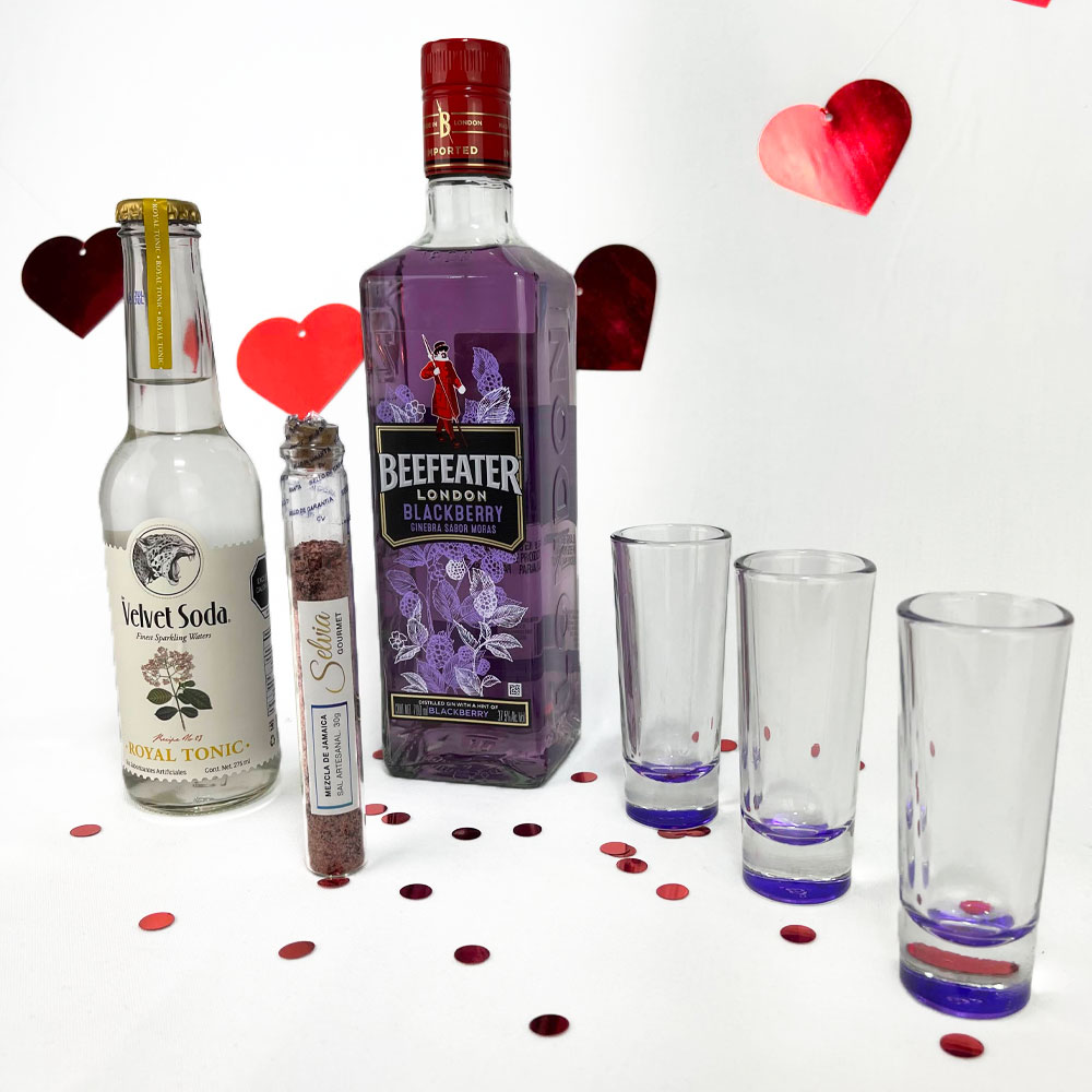 Ginebra Beefeater Blackberry + 3 Velvet Soda + 3 vasos highball + frasco con sal artesanal kit de regalo