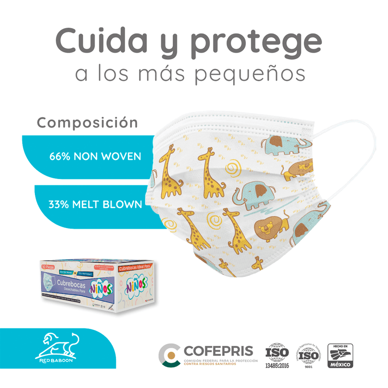 Cubrebocas Tricapa Infantil Termosellado Blanco con Diseño (50 Piezas) Red Baboon