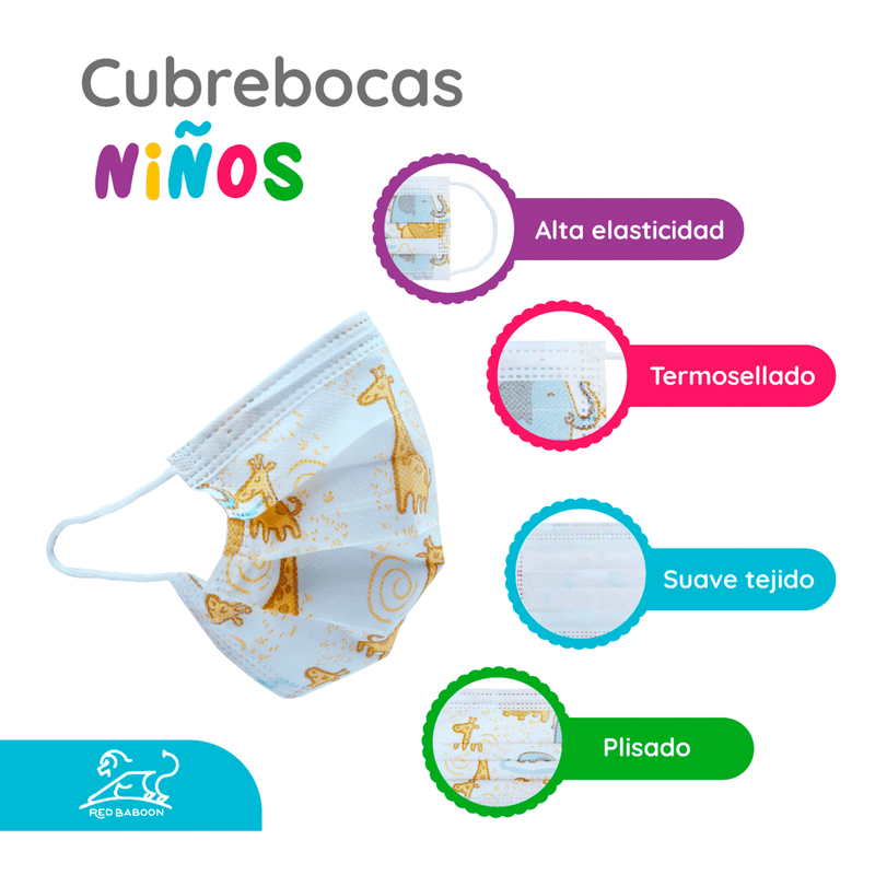 Cubrebocas Tricapa Infantil Termosellado Blanco con Diseño (50 Piezas) Red Baboon