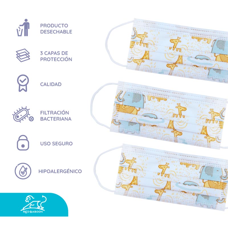 Cubrebocas Tricapa Infantil Termosellado Blanco con Diseño (50 Piezas) Red Baboon