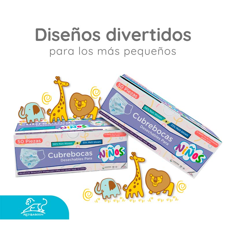 Cubrebocas Tricapa Infantil Termosellado Blanco con Diseño (50 Piezas) Red Baboon