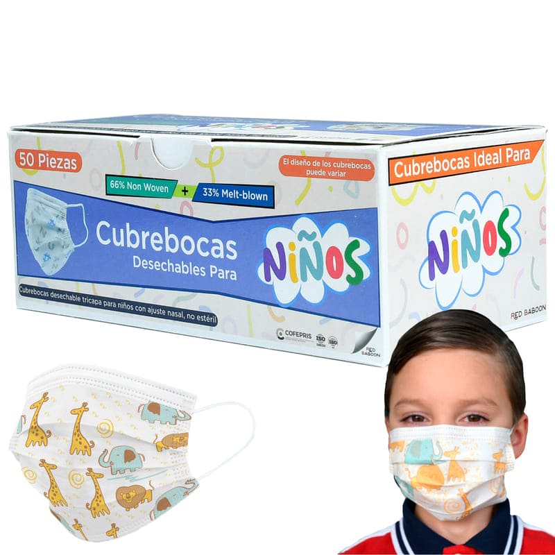 Cubrebocas Tricapa Infantil Termosellado Blanco con Diseño (50 Piezas) Red Baboon