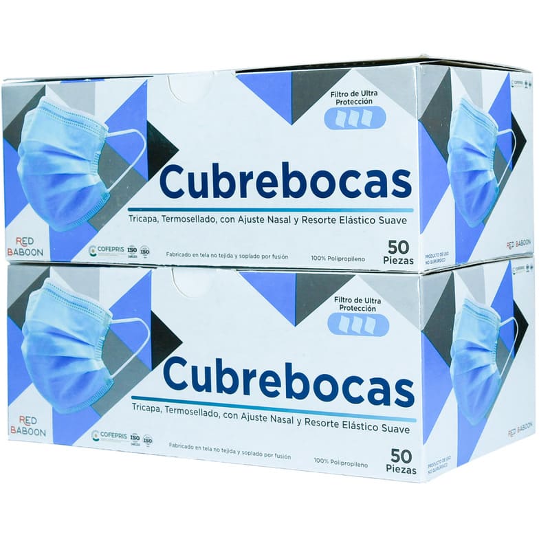 Cubrebocas Tricapa Termosellado Color Azul (100 Piezas) Red Baboon