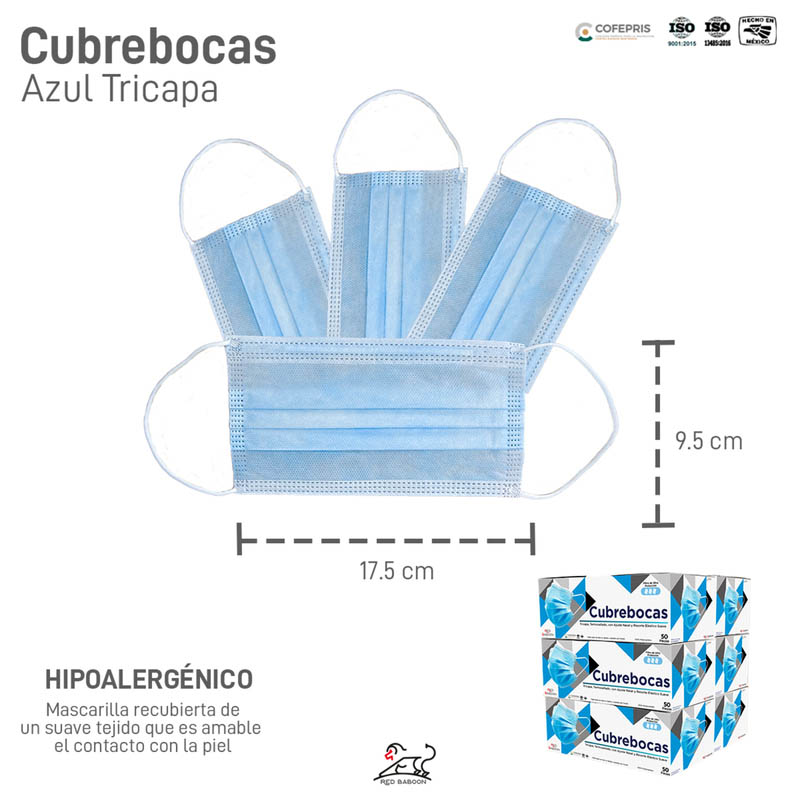 Cubrebocas Tricapa Termosellado Color Azul (500 Piezas) Red Baboon