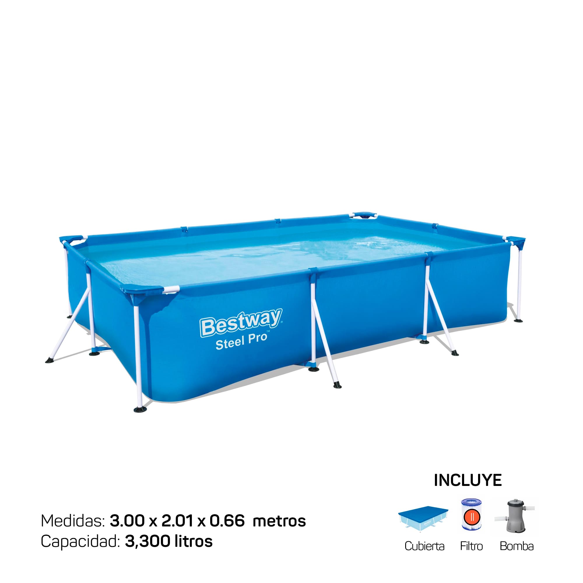 Alberca Estructural Rectangular, Bestway de 300 x 201 x 66 cm, incluye Bomba y Cubierta