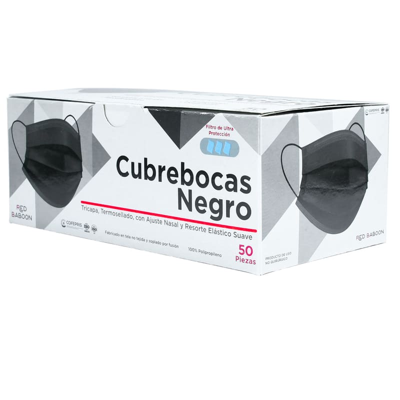 Cubrebocas Tricapa Termosellado Color Negro (50 Piezas) Red Baboon