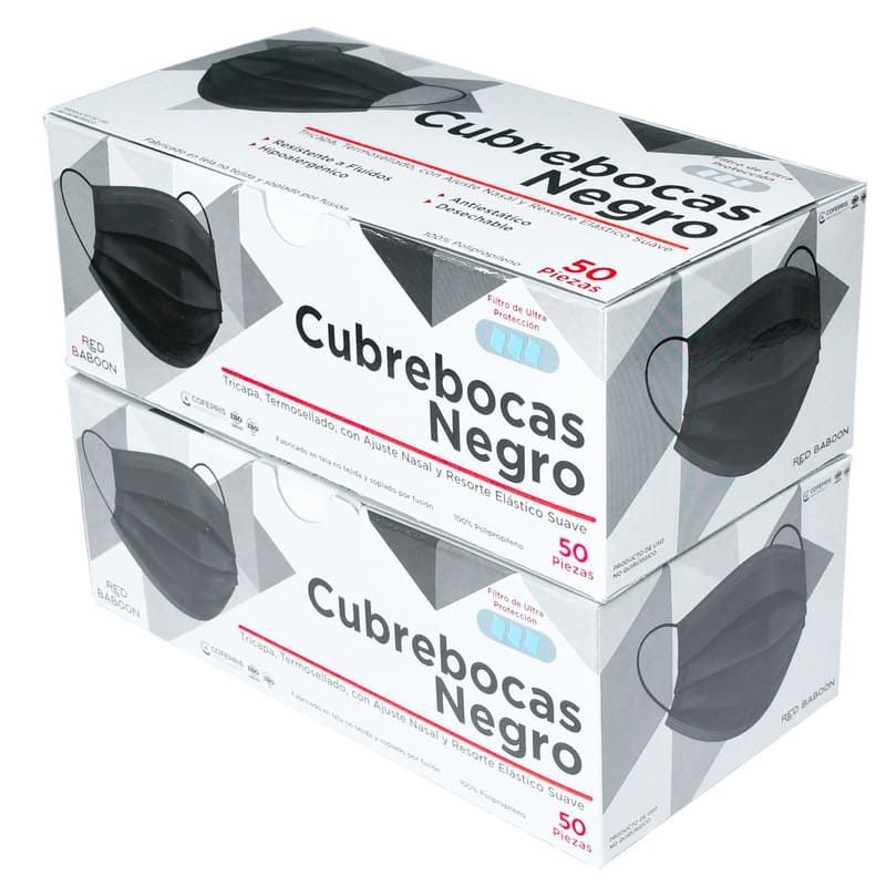 Cubrebocas Tricapa Termosellado Color Negro (100 Piezas) Red Baboon