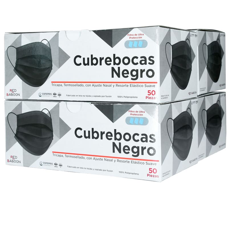 Cubrebocas Tricapa Termosellado Color Negro (200 Piezas) Red Baboon
