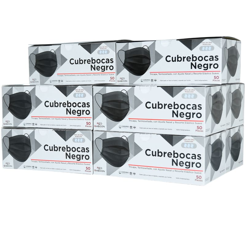 Cubrebocas Tricapa Termosellado Color Negro (500 Piezas) Red Baboon