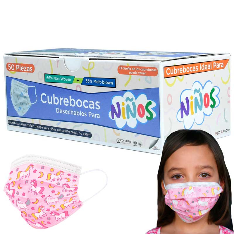Cubrebocas Infantil Tricapa para Niñas con Diseño (50 Piezas) Red Baboon