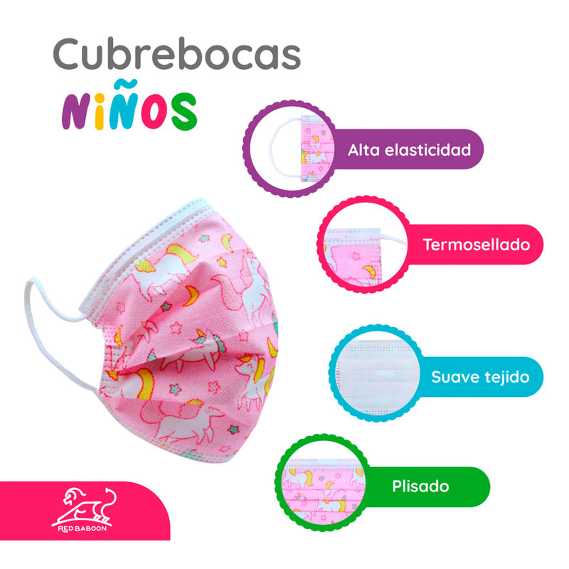 Cubrebocas Infantil Tricapa para Niñas con Diseño (50 Piezas) Red Baboon