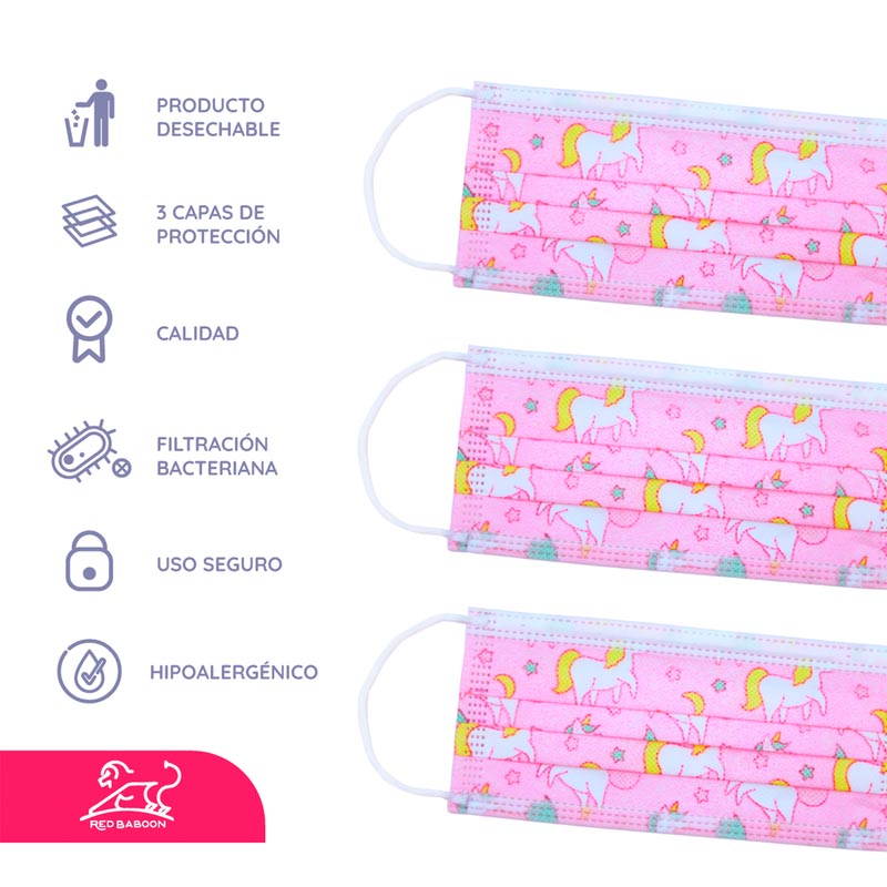 Cubrebocas Infantil Tricapa para Niñas con Diseño (50 Piezas) Red Baboon