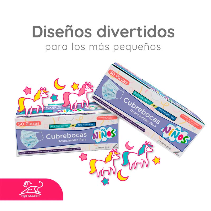 Cubrebocas Infantil Tricapa para Niñas con Diseño (50 Piezas) Red Baboon