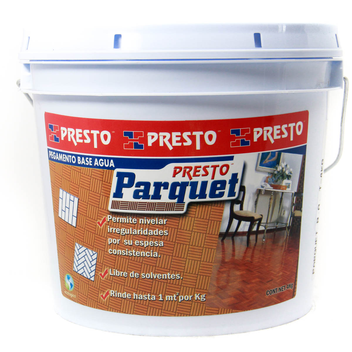 PEGAMENTO PARA PISO PRESTO PARQUET BASE AGUA CUBETA 4 KG