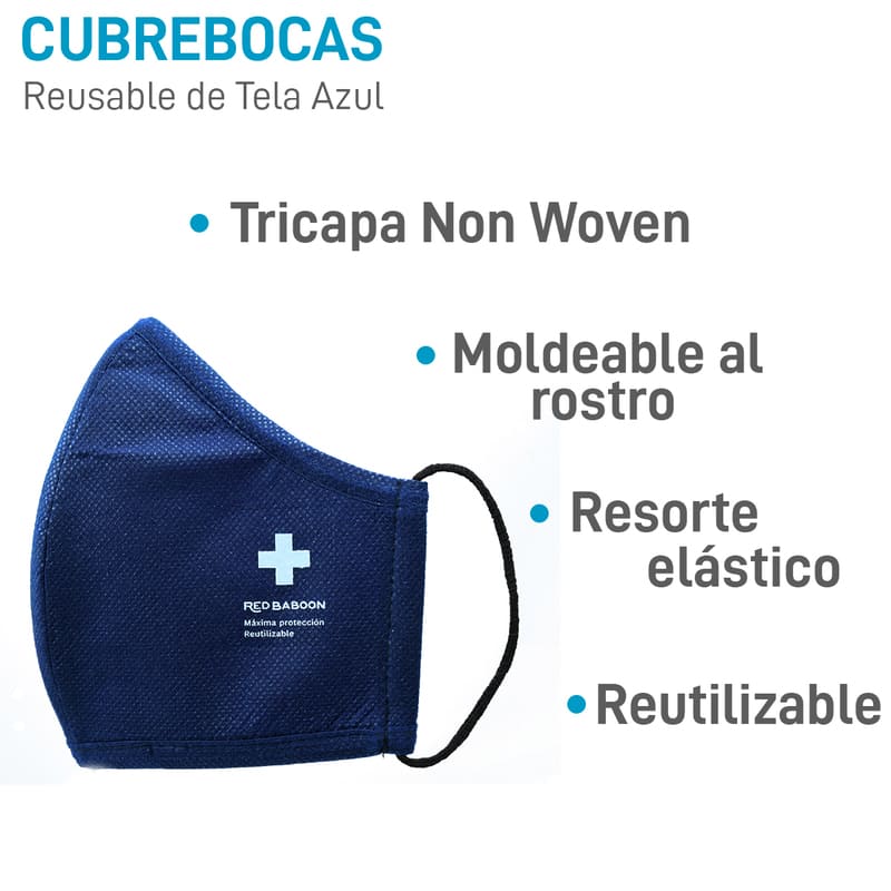 Cubrebocas de Tela Tricapa Reutilizable Color Azul (1 Pieza) Red Baboon