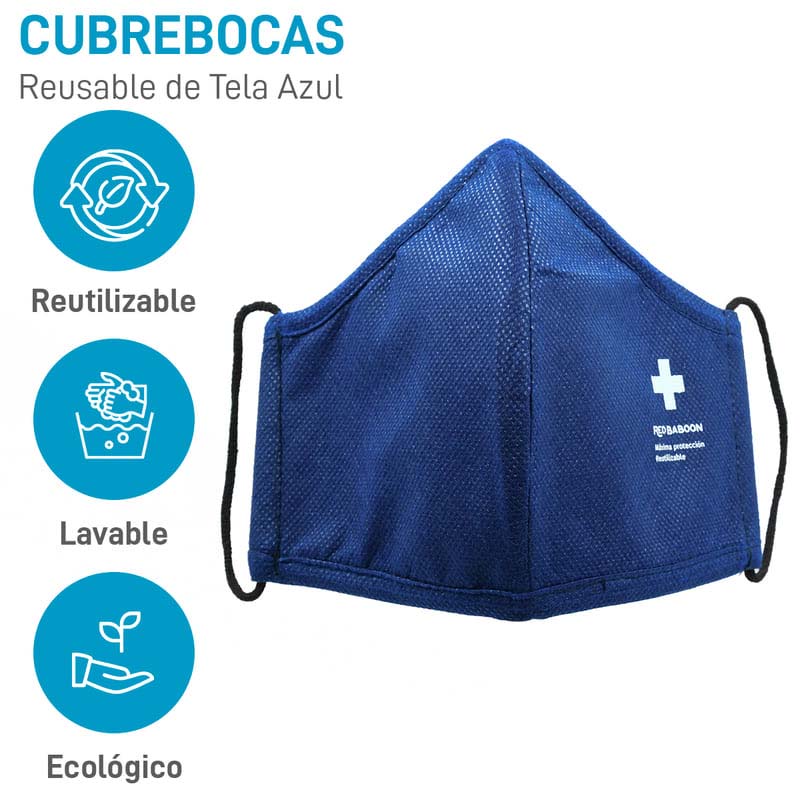 Cubrebocas de Tela Tricapa Reutilizable Color Azul (1 Pieza) Red Baboon