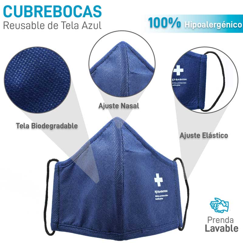 Cubrebocas de Tela Tricapa Reutilizable Color Azul (1 Pieza) Red Baboon