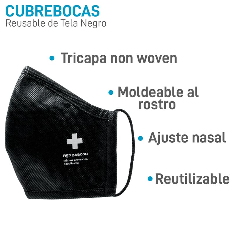 Cubrebocas de Tela Reutilizable Lavable Negro REDBABOON 10 Piezas