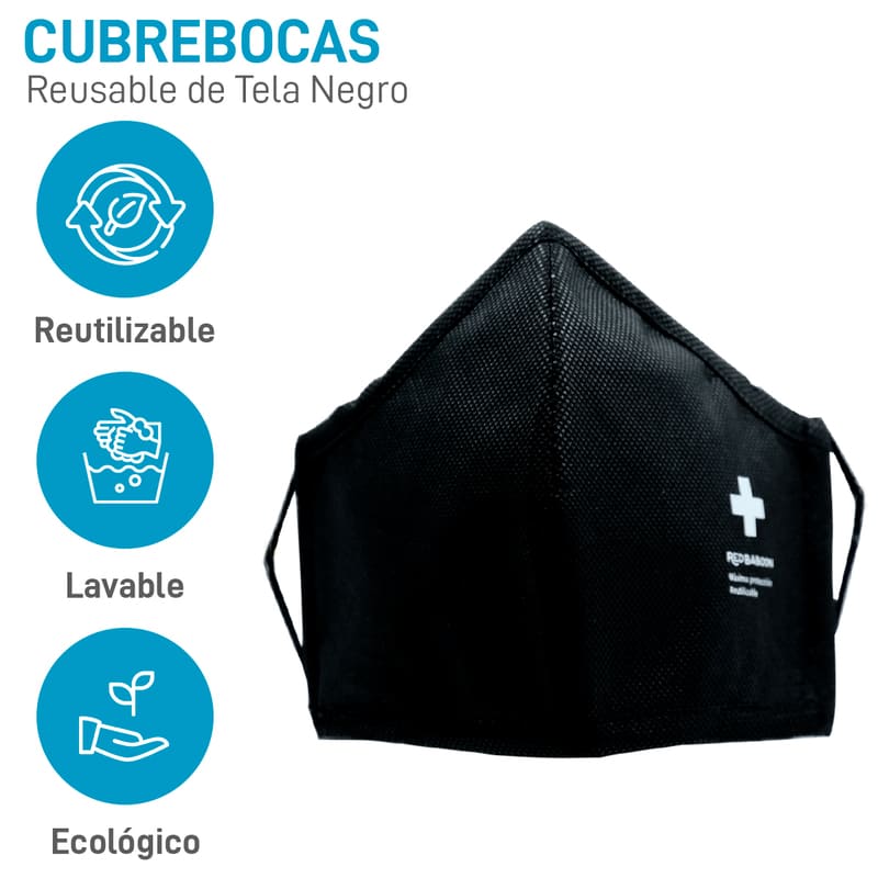 Cubrebocas de Tela Reutilizable Lavable Negro REDBABOON 10 Piezas