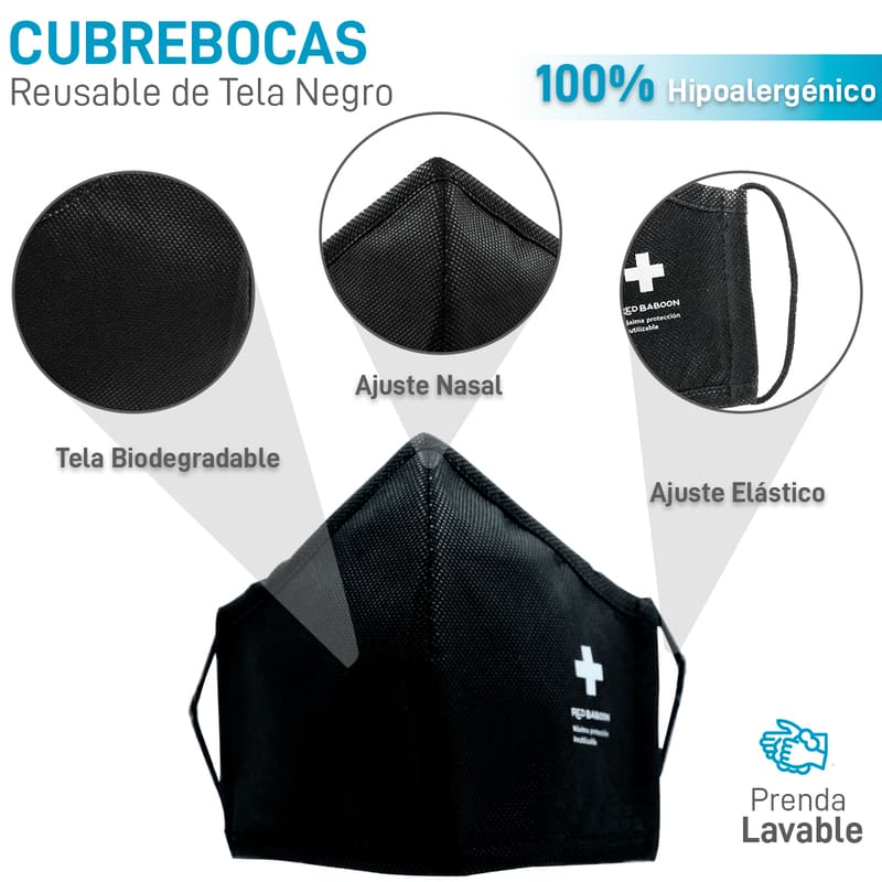 Cubrebocas de Tela Reutilizable Lavable Negro REDBABOON 10 Piezas