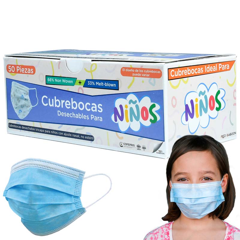 Cubrebocas Infantil Tricapa Termosellado Azul para Niños (50 Piezas) Red Baboon