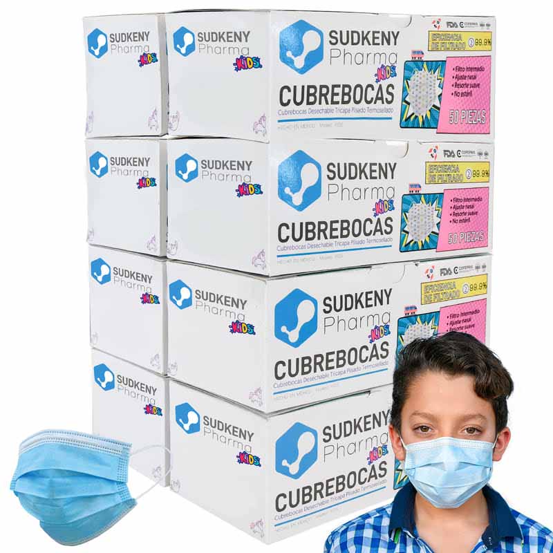 Cubrebocas Azul Tricapa Termosellado Plisado Mascarilla Infantil KIDS SUDKENY PHARMA Caja con 400 Piezas
