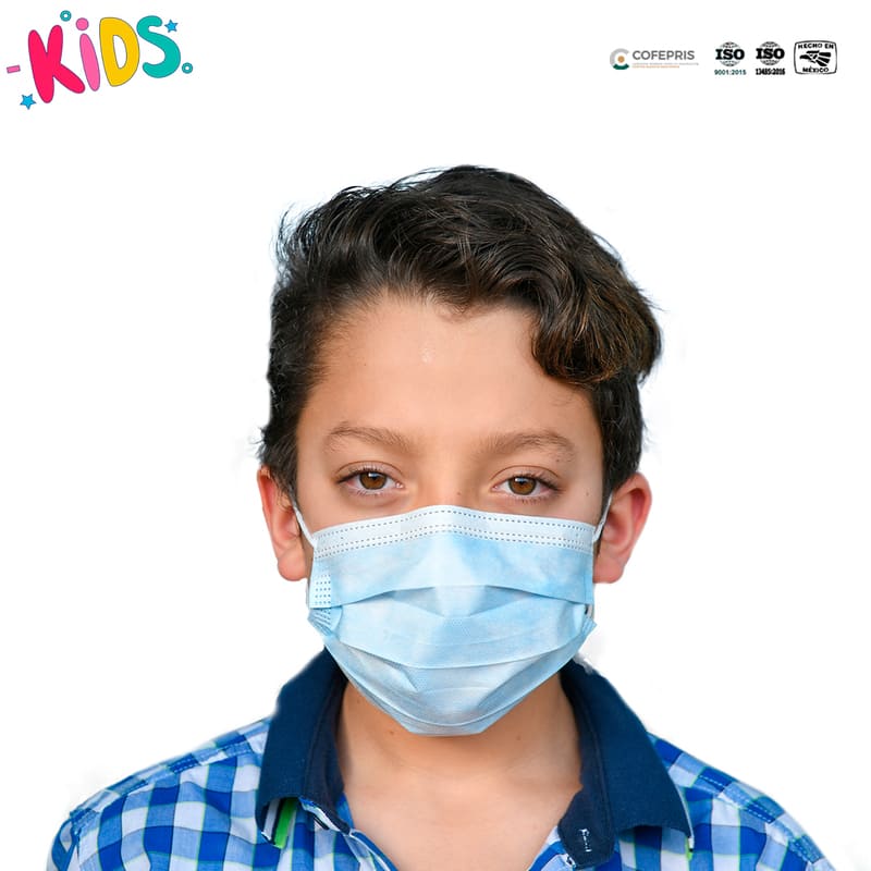 Cubrebocas Azul Tricapa Termosellado Plisado Mascarilla Infantil KIDS SUDKENY PHARMA Caja con 400 Piezas