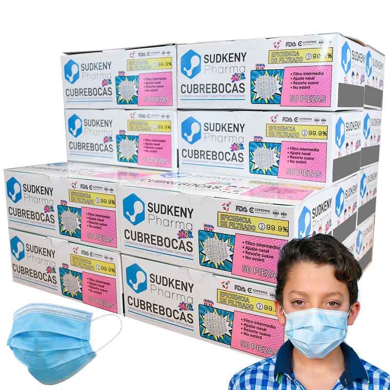 Cubrebocas Infantiles Mascarilla Azul Triple Capa Plisado Niños Termosellado KIDS SUDKENY PHARMA con 1000 Pzas