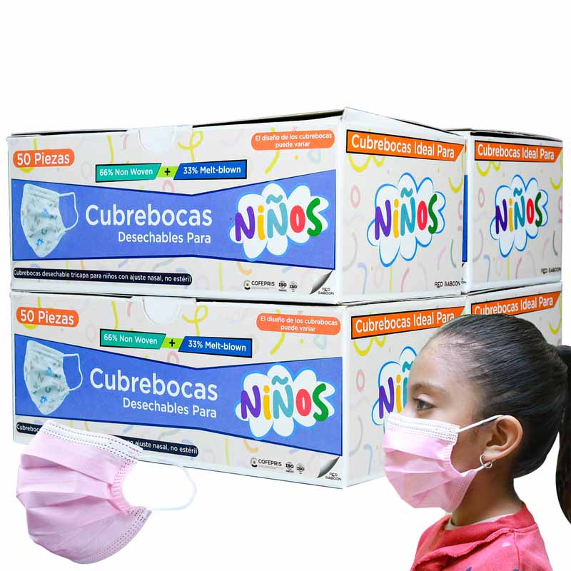 Cubrebocas Infantil Tricapa Rosa Termosellado para Niñas (200 Piezas) Red Baboon